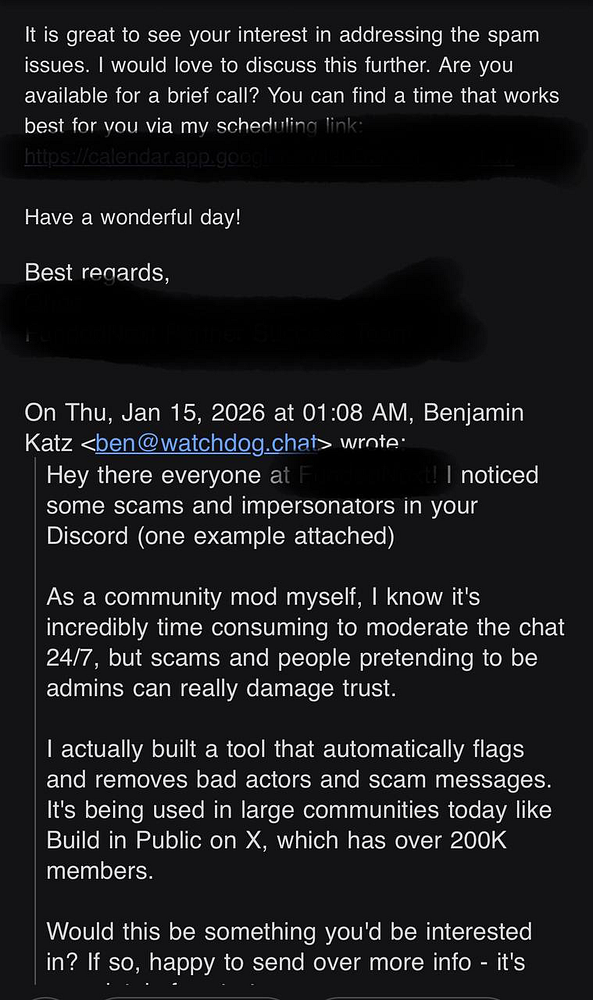 Screenshot of an email inbox displaying a highlighted email titled 'Built with Build In Public' from Marc, featuring an invitation and a code snippet.