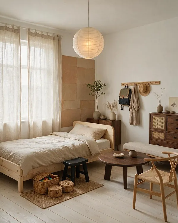 A serene kids' room with a low wooden bed, cream bedding, sheer beige curtains, and a paper lantern pendant. The space includes woven baskets, a small black stool, a round wooden table, cane-front storage, and a light wood chair, all set against soft white walls and warm neutral tones.