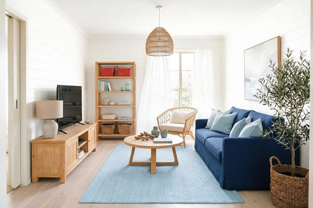 The same Coastal living room in the Harbor Navy palette: crisp white, navy, pale blue, natural oak, and brick red