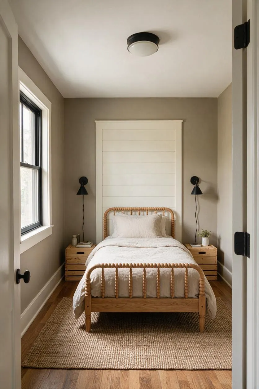 A narrow farmhouse-style master bedroom with a natural wood spindle bed centered against a white shiplap accent wall. The room features taupe walls, black wall sconces, a woven jute rug, warm wood floors, and simple cream bedding for a calm, minimal look.