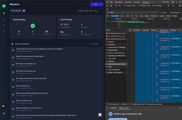 The image displays a web interface for monitoring uptime statistics alongside a network request log.