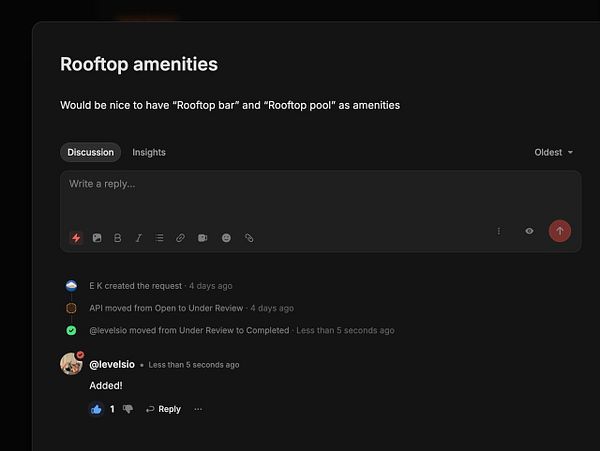 Discussion thread about adding rooftop amenities as filters, showing progression of the task to completion.