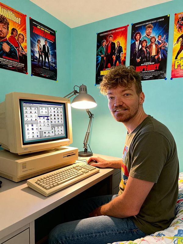 A man sits at a vintage computer in a colorful room adorned with movie posters.
