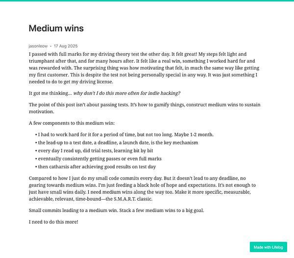 The image features a blog post discussing the concept of 'medium wins' in motivation and productivity.