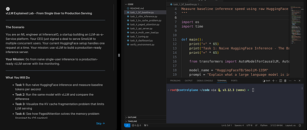 Coding environment showing project documentation, Python code for baseline inference, and a terminal prompt in a virtual environment.