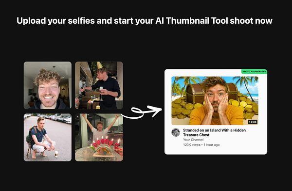 The image features a collage of selfies and a generated video thumbnail promoting an AI Thumbnail Tool.