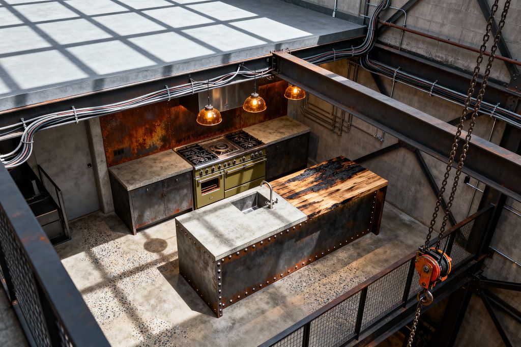 Overhead view of a double-height industrial kitchen defined by exposed steel I-beams, visible conduits, and raw concrete walls and floors. A riveted steel island with a concrete sink top transitions to a charred wood butcher block, opposite patinated rusted steel cabinetry and backsplash with an olive green professional range under three amber dome pendants; a gantry chain and hook hang nearby, and daylight casts a grid of shadows across the space.
