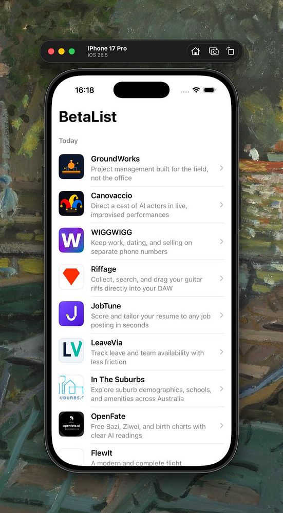 Screenshot of an iOS app build interface displaying a BetaList app project with a white background and various controls.