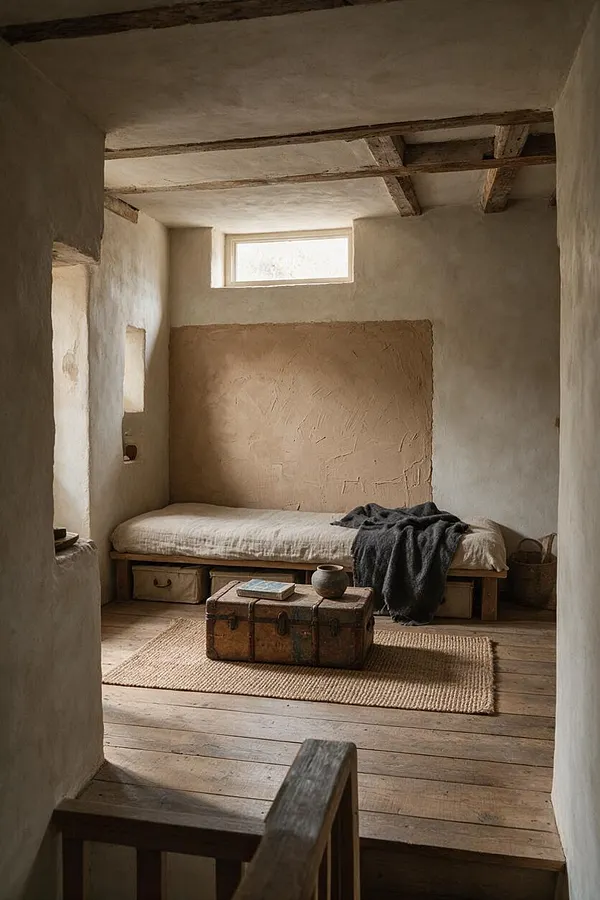 A small basement room designed in a wabi-sabi style, with rough plaster walls, exposed wooden ceiling beams, and wide weathered floorboards. A low bench bed with neutral bedding sits against the back wall beneath a narrow high window, while a worn vintage trunk, woven rug, and dark throw add layered texture to the serene, minimalist space.