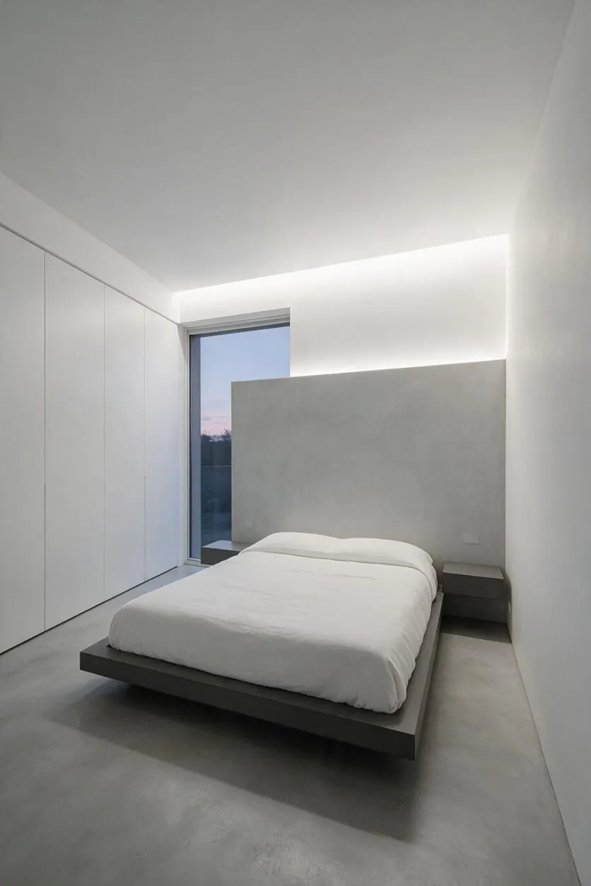 A sparse minimalist master bedroom with a low platform bed centered against a smooth gray headboard wall, white bedding, and dark bedside tables. Floor-to-ceiling white built-in wardrobes line one side, while a tall narrow window brings in soft dusk light.