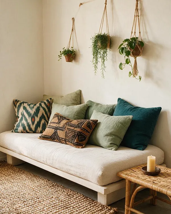 A cozy bohemian sitting area with a low cream sofa against a pale wall, layered with patterned and solid green throw pillows. Three macramé hanging planters with trailing greenery are arranged above the sofa, and a woven rattan side table with a candle and a textured jute rug complete the natural, relaxed look.