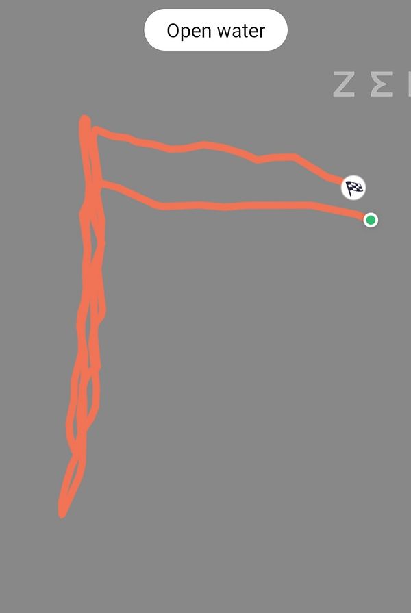 Route map of an open water swimming session marked with start and finish points.