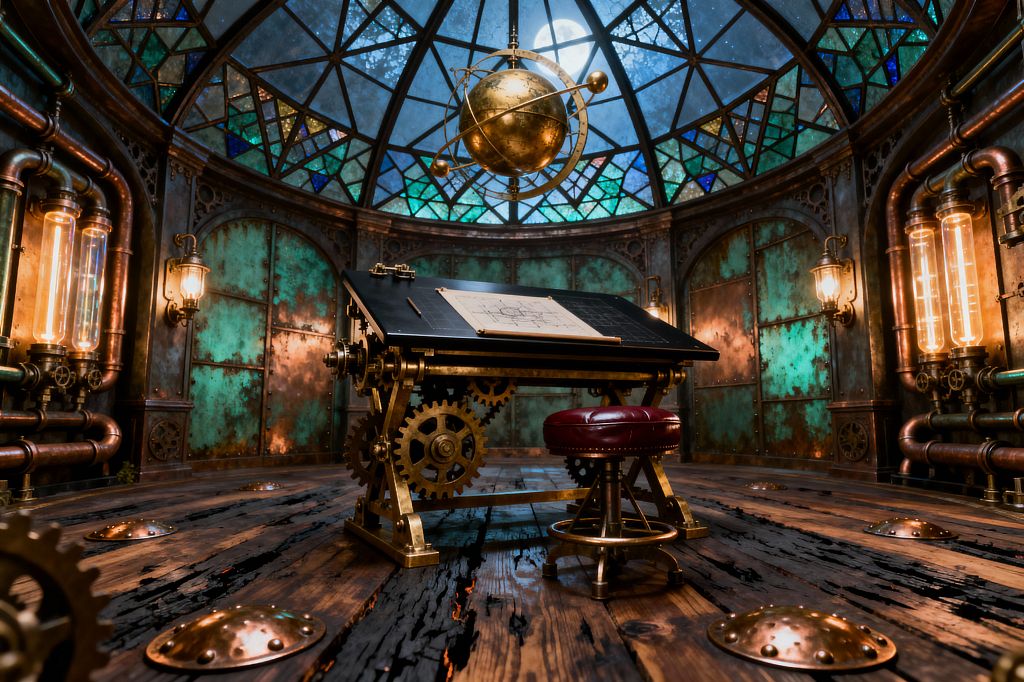 Round steampunk home office beneath a stained-glass domed ceiling with the moon visible. A brass orrery hangs above a gear-driven drafting table with a black top, blueprint, and a red leather swivel stool. Walls feature oxidized copper panels with rivets, exposed copper pipes, glass tubes, and brass sconces. The distressed wood floor has brass plates, while warm amber lighting contrasts with cool moonlight from above.