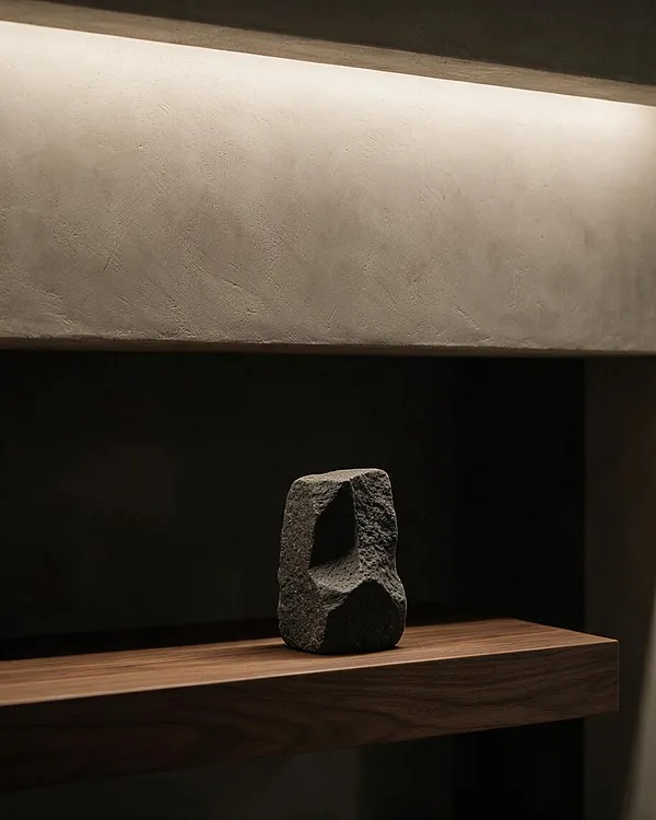 A minimalist Brutalist-style wall niche with a rough plaster or concrete surface and a warm walnut shelf. A small dark stone sculpture sits centered on the shelf under soft linear lighting.
