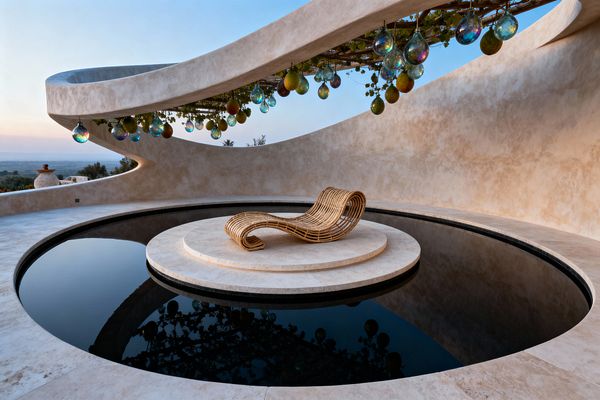 A curvilinear outdoor patio in pale stone surrounds a sunken circular reflecting pool with a round platform at its center supporting a sculptural rattan chaise. Smooth beige stucco walls and a sweeping ribbon canopy enclose the space. Above, a wood trellis with vines holds iridescent blown-glass teardrops that shimmer over the dark water. The setting is calm at dusk with distant views beyond the low wall.