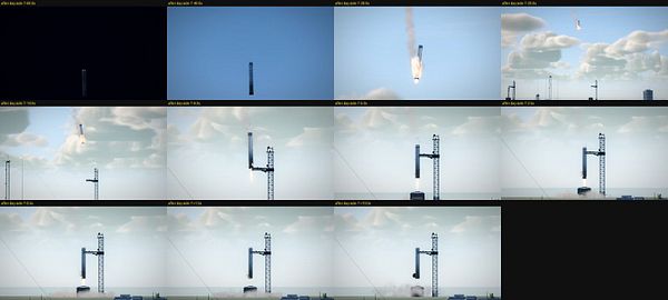Sequential images capturing a rocket booster descending and being caught by a crane arm at a landing site.