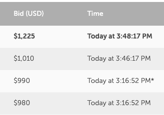 A bidding table displaying various bid amounts and their corresponding timestamps.