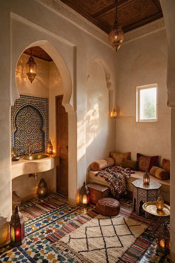 A Moroccan-style powder room with carved arched openings, a mosaic tile sink wall, and warm plaster walls. The space includes patterned floor tiles, a low built-in seating nook with colorful cushions, hanging brass lanterns, and layered rugs and poufs that create a cozy, intimate atmosphere.