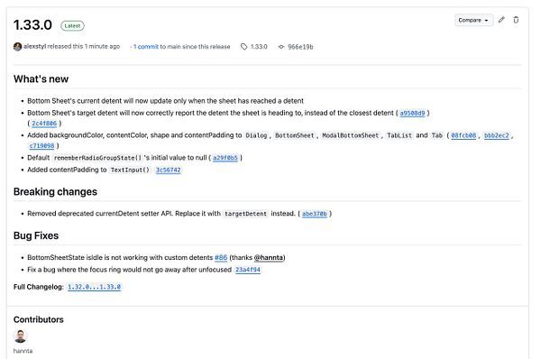 The image displays a GitHub release note for version 1.33.0 of a software project.