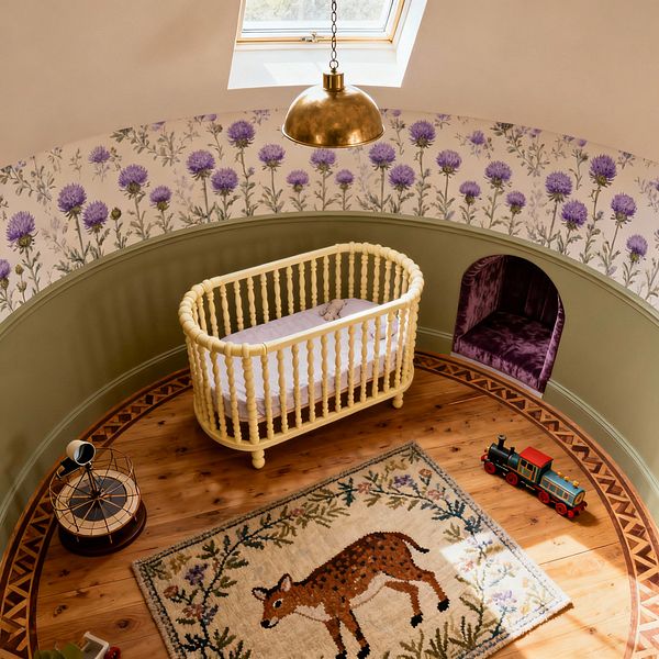 A circular nursery features sage-green wainscoting and cream wallpaper printed with purple thistles surrounding a butter-yellow spindle crib. A domed brass pendant and a skylight brighten solid wood floors with an inlaid border, a wool rug with a fawn motif, and a painted toy train. An arched nook lined in deep purple velvet is built into the curved wall, adding a cozy Victorian touch.