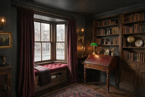 A dark academia home office with deep charcoal walls, tall burgundy curtains framing a rain-speckled bay window, and a built-in window seat upholstered in plum velvet with a plaid throw. Bookshelves filled with old volumes line the right wall, while a vintage wooden writing desk with a green banker’s lamp and brass accents completes the scholarly, moody atmosphere.