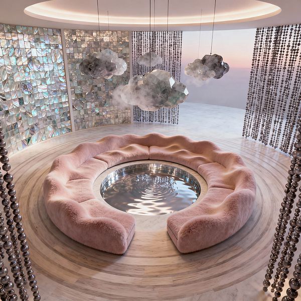 A surreal living room features a circular blush-pink, wavy sectional surrounding a reflective metal basin that looks like rippling liquid. Overhead, faceted cloud pendants hang beneath a recessed round ceiling light, while iridescent mother-of-pearl wall tiles and chrome bead curtains encircle pale wood rings set into a white marble floor, with a soft sunset gradient beyond for an ethereal, immersive effect.