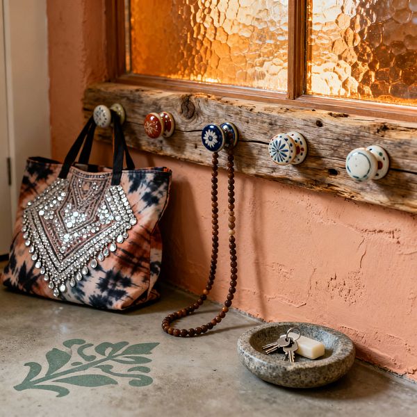 A cozy mudroom corner features a terracotta plaster wall beneath an amber, textured-glass window. A rustic strip of reclaimed wood fitted with mismatched, hand-painted ceramic knobs holds a patterned tote with mirror embellishment and a loop of wooden beads. On the polished concrete floor, a sage leaf stencil adds a decorative touch. A round gray stone bowl nearby serves as a catchall for keys and a small bar, creating a warm, eclectic Bohemian entry.