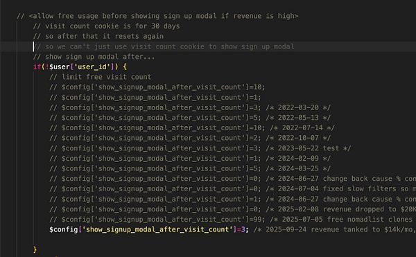 The image displays a code snippet related to managing a sign-up modal based on user visit counts.