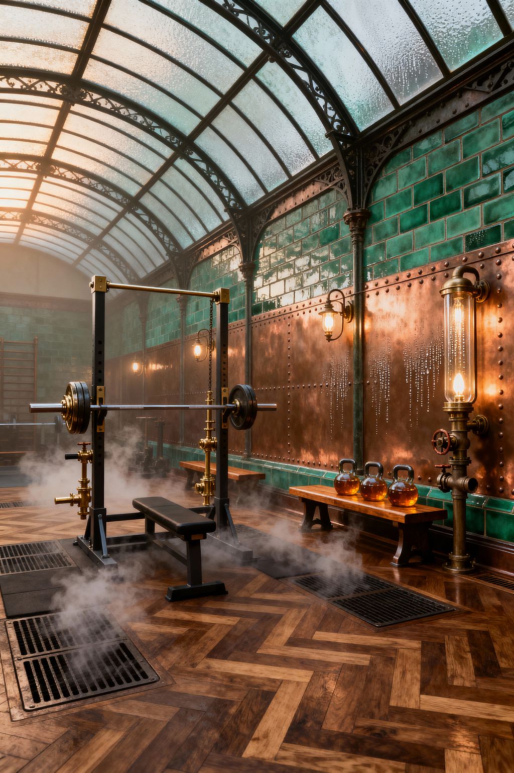 A steampunk-style home gym sits beneath a vaulted, frosted-glass ceiling with ornate iron ribs. A black steel power rack with brass valves and a padded bench stands on a walnut herringbone floor beside floor grates venting steam. Riveted copper wall panels and emerald-glazed brick tiles hold cage sconces and a tall tube light with Edison bulbs, while glass kettlebells rest on a wooden bench along the wall.