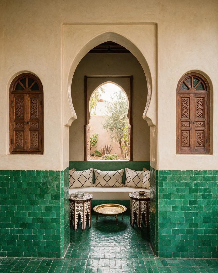 A Moroccan-style front porch with a pointed horseshoe arch opening onto a small seating nook. The lower walls and floor are covered in glossy green zellige tiles, while cream plaster walls and carved wooden shutters frame the space. A cushioned bench with patterned pillows sits between two ornate side tables and a brass tray table.