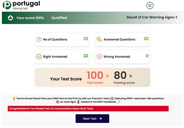 The image displays the results of a driving test focused on car warning signs.