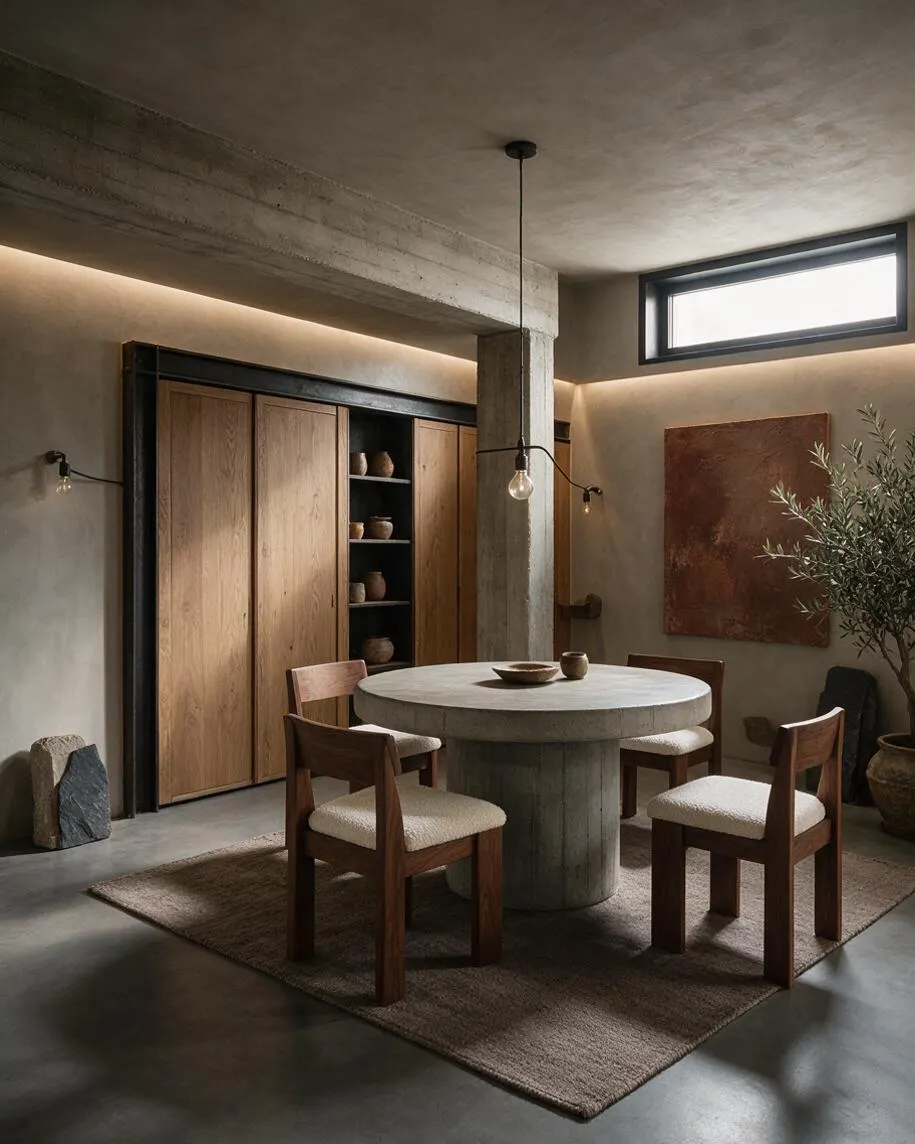 A Brutalist-style dining room with a round concrete pedestal table surrounded by four wooden chairs with light upholstered seats. The space features a raw concrete ceiling beam, plaster walls, a narrow horizontal window, built-in oak cabinetry, and soft warm lighting.