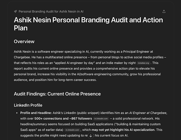 The image displays a detailed report on Ashik Nesin's personal branding audit in AI.