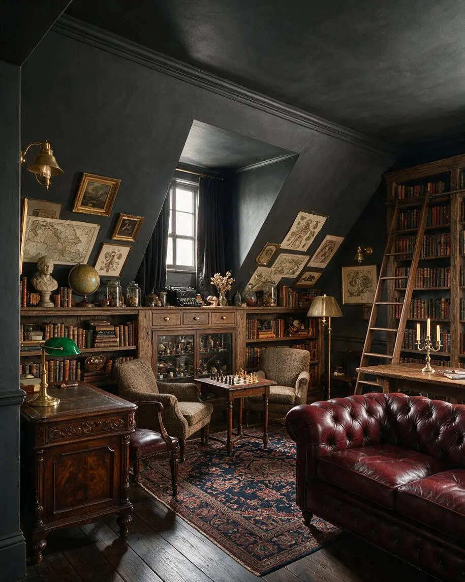 A moody game room styled like a dark academia library, with slanted dark walls, tall bookshelves, a red leather sofa, two upholstered armchairs, a chess table, and layered vintage decor. Brass lamps, framed art, a patterned rug, and a ladder leaning on the bookshelves create a scholarly, atmospheric space.