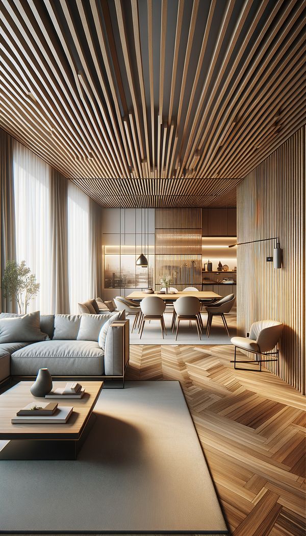 A modern living room with wood slats used as a room divider, creating a semi-open partition between the living space and dining area.