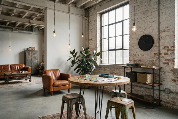 An industrial-style game room with exposed brick walls, tall factory windows, and hanging Edison bulbs. The space includes tan leather chairs, a round wood game table, metal stools, a vintage cabinet, and a small shelving unit with storage baskets.