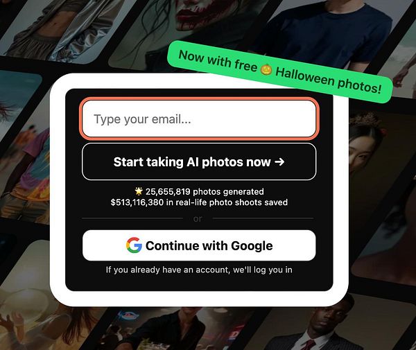 The image features a user interface for an AI photo generation service, highlighting significant cost savings from real photo shoots.
