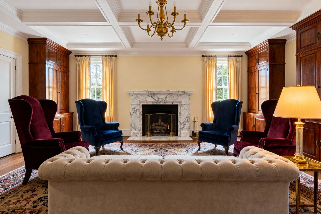 A symmetrical traditional living room centers on a white marble fireplace with brass screen, flanked by tall windows in light gold curtains and rich cherry built-ins. A tufted beige Chesterfield faces four wingback chairs in navy and burgundy on a Persian-style rug over medium-tone hardwoods, beneath a coffered ceiling with a brass chandelier and a brass table lamp adding warm ambient light and highlighting the room’s crisp molding and formal character.