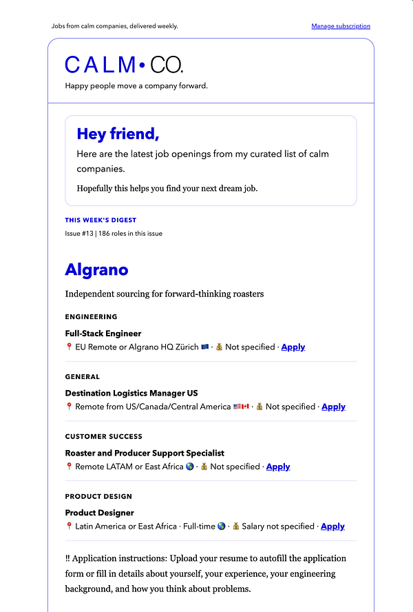 Screenshot of a redesigned Calm Companies newsletter email draft in an email client interface.