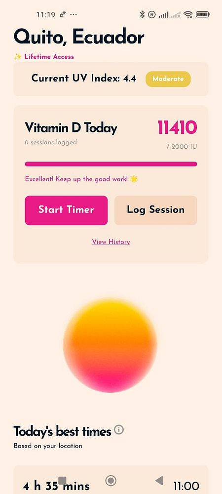 The image displays a mobile app interface showing UV index and vitamin D tracking information.