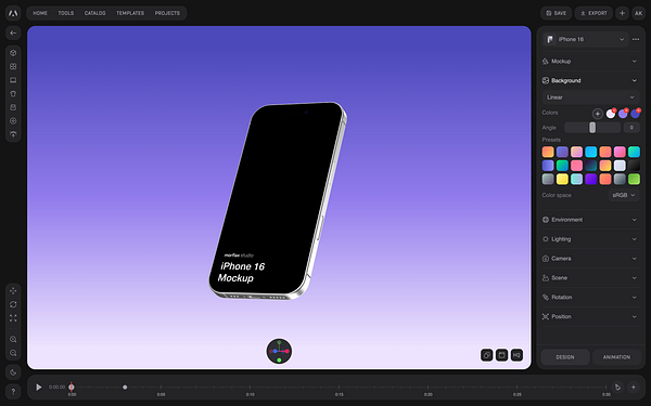 A digital mockup interface displaying an iPhone 16 with a gradient background.