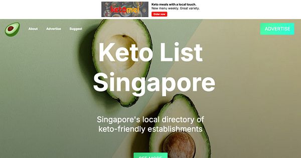 The image displays a website homepage for 'Keto List Singapore' featuring a top banner ad.