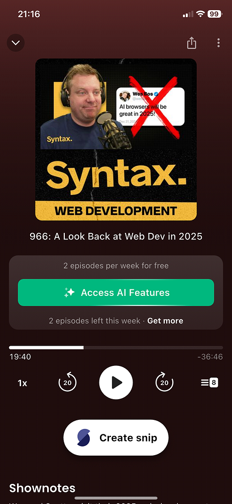 The image displays a podcast episode titled 'A Look Back at Web Dev in 2025' from the Syntax podcast.