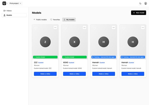 The image displays a user interface for managing custom models in a project.
