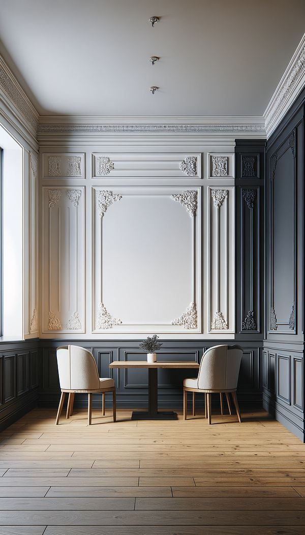 A cozy dining room with elegant white wainscoting on the lower part of the wall, complemented by a contrasting dark wall color above.