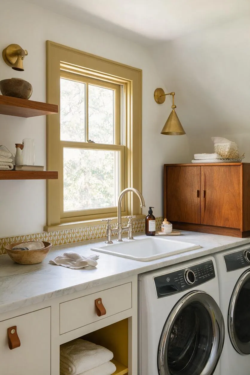 A bright eclectic laundry room with a marble countertop, front-loading washer and dryer, a central sink with brass faucet, warm wood cabinetry, and brass wall sconces. Open wood shelves, a patterned tile backsplash, and a window with a painted trim add charm and texture.