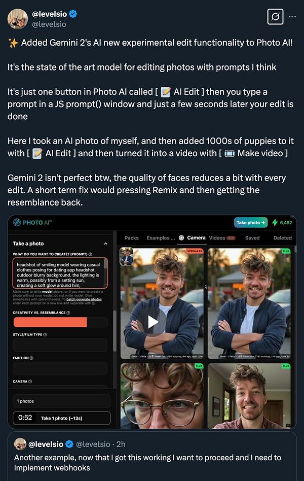 The image displays a social media post showcasing the new Gemini 2 AI editing functionality in Photo AI.