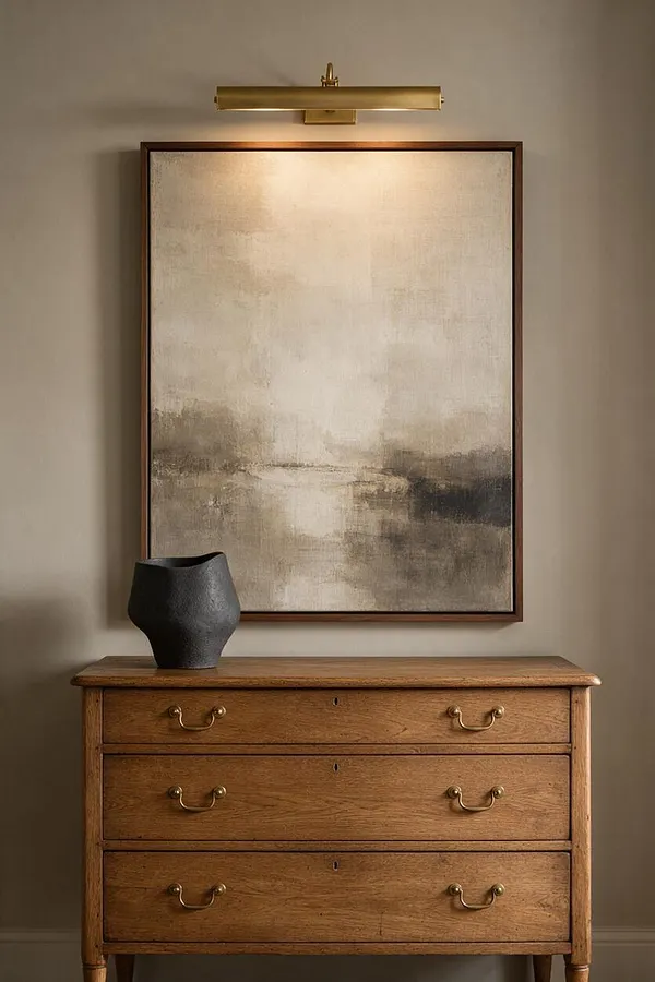 A transitional wall vignette with a framed abstract painting above a brass picture light and a rustic wooden dresser below. A matte black sculptural vase sits on the left side of the dresser, and the palette is soft beige, warm wood, brass, and charcoal.