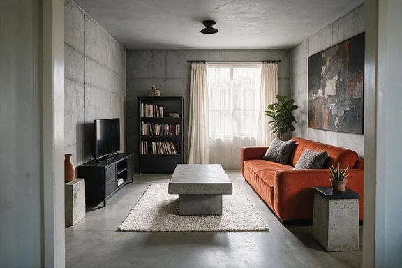 A Brutalist living room in the Concrete and Rust palette