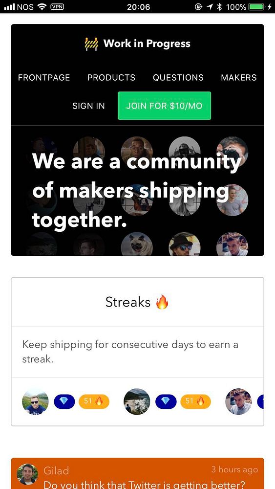 The image shows a mobile webpage of a community site for makers called 'Work in Progress.'